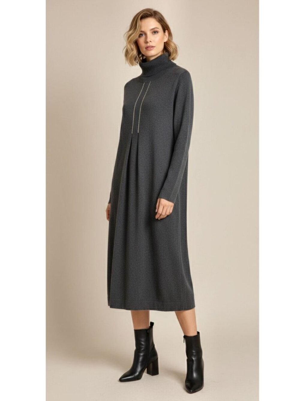 Fabiana Filippi Charcoal Cashmere & Silk Turtleneck Midi Dress Size XL, IT 48